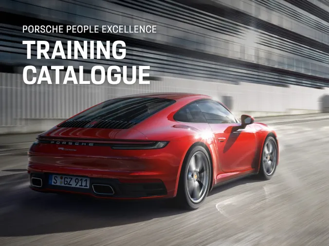 Red Porsche 911 in motion with the title Porsche People Excellence Training Catalogue
