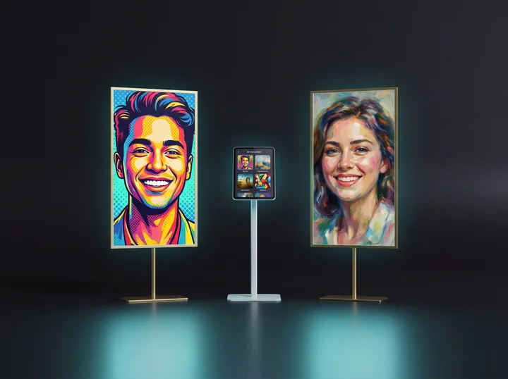 A tablet kiosk for choosing an art style between two framed screens showing AI portraits in pop art and impressionist style