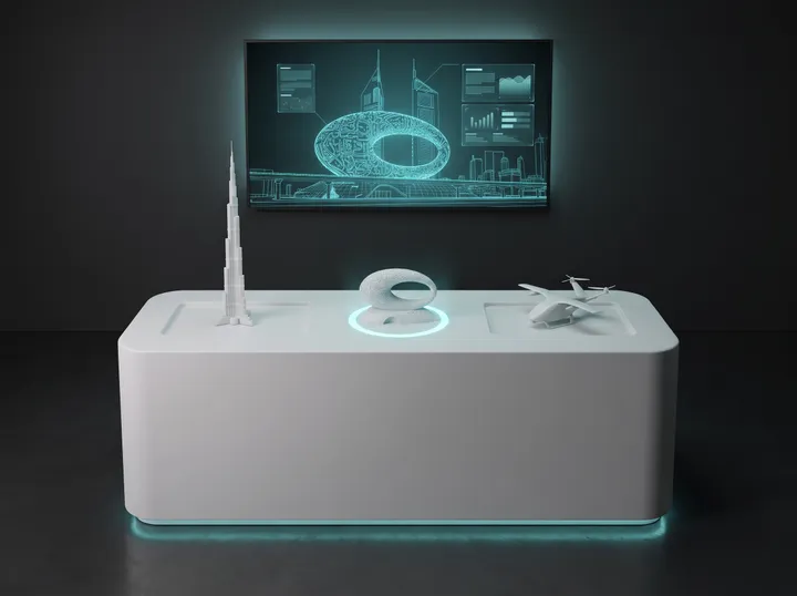 A white exhibition counter with a glowing RFID hotspot under a skyscraper model, and a screen showing the matching city scene