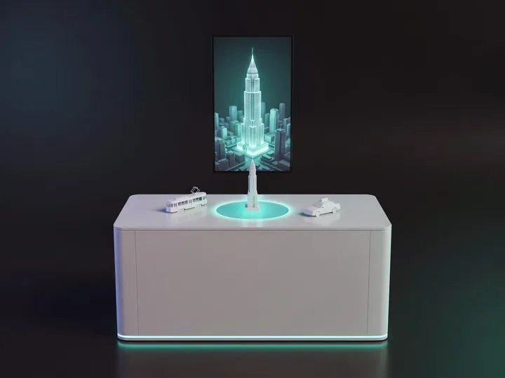 A white exhibition counter with a glowing RFID hotspot under a skyscraper model, and a screen showing the matching city scene