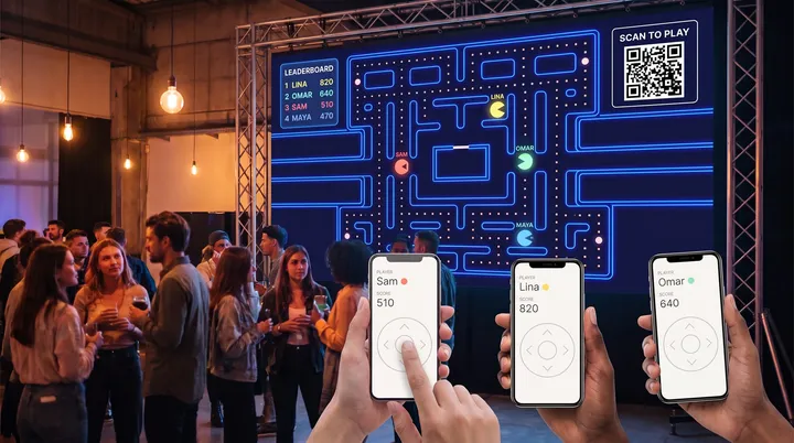 Guests playing a maze arcade game on an LED wall with their phones as controllers