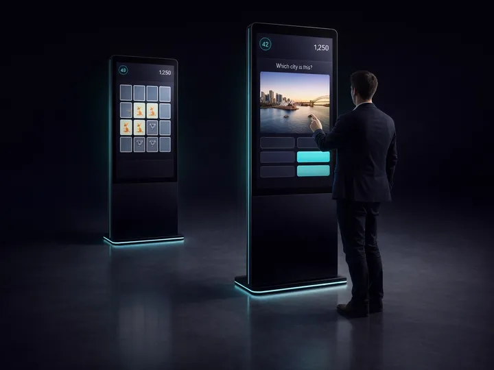 A touchscreen kiosk showing a city quiz with four answers, a finger tapping the right one, and a second kiosk with a memory game beside it