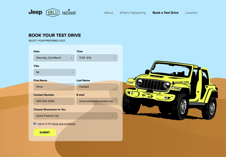 Test drive microsite, Jeep Dare to Wrangler – event registration platform