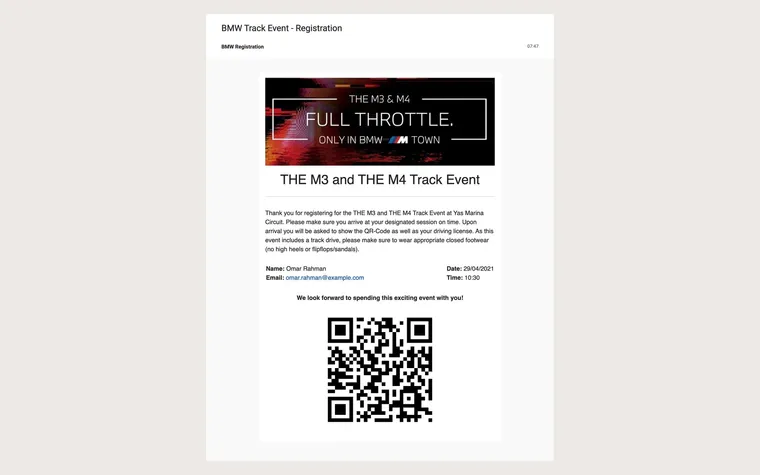 Confirmation email with QR code, BMW M3 & M4 – event registration platform