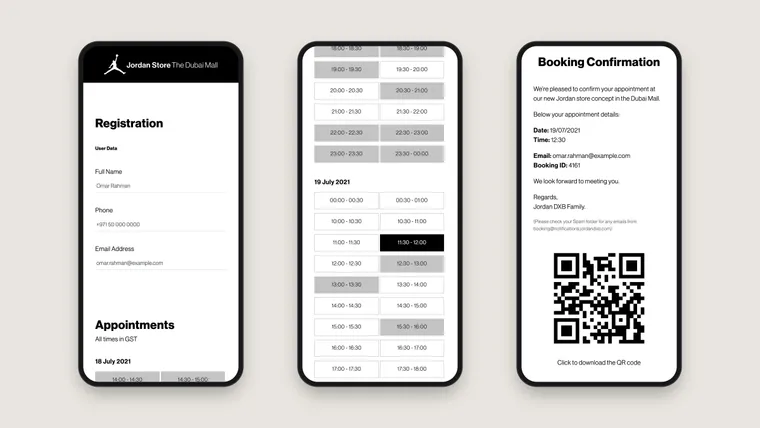 Booking a time slot on the phone, Nike Jordan – event registration platform